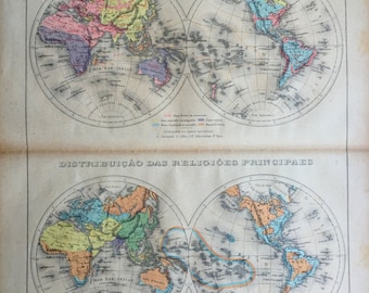 1912年 アンティーク世界地図（人種と宗教） - 半球で表された世界