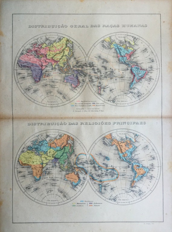 1912年 アンティーク世界地図（人種と宗教） - 半球で表された世界