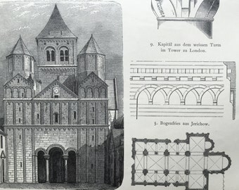 1888 German Antique Architectural Print on Medieval Church Architecture, No. 46