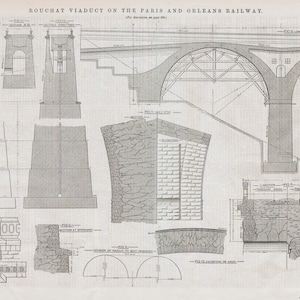 1877 年 パリとニューオーリンズ鉄道のルーシャ高架橋のアンティーク プリント - 技術図面 - 1877 年 6 月 22 日