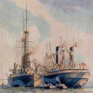 May include: A watercolor painting depicting two ships at sea. The ship on the left is a battleship with a tall mast and multiple cannons. The ship on the right is a cargo ship with a large crane and multiple flags. Both ships are painted in shades of gray and brown.