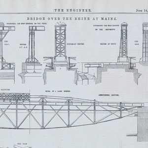 May include: A black and white line drawing of a bridge over the Rhine River in Mainz, Germany. The drawing shows the bridge's structure, including the piers, abutments, and girders. The drawing also includes details of the bridge's construction, such as the standards for the main girders and the detail of a flood opening.