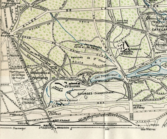 1929 年フランス、パリのブローニュの森のアンティーク地図