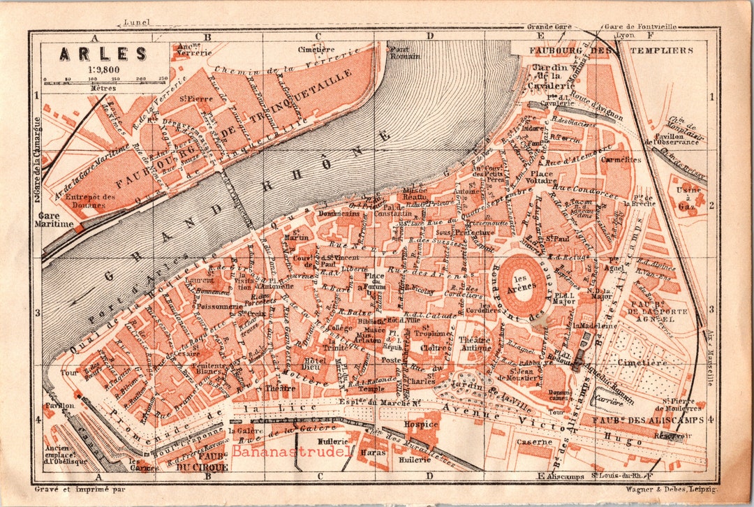 フランス、アルルのアンティーク地図 - 1907 年の小さな市街地図