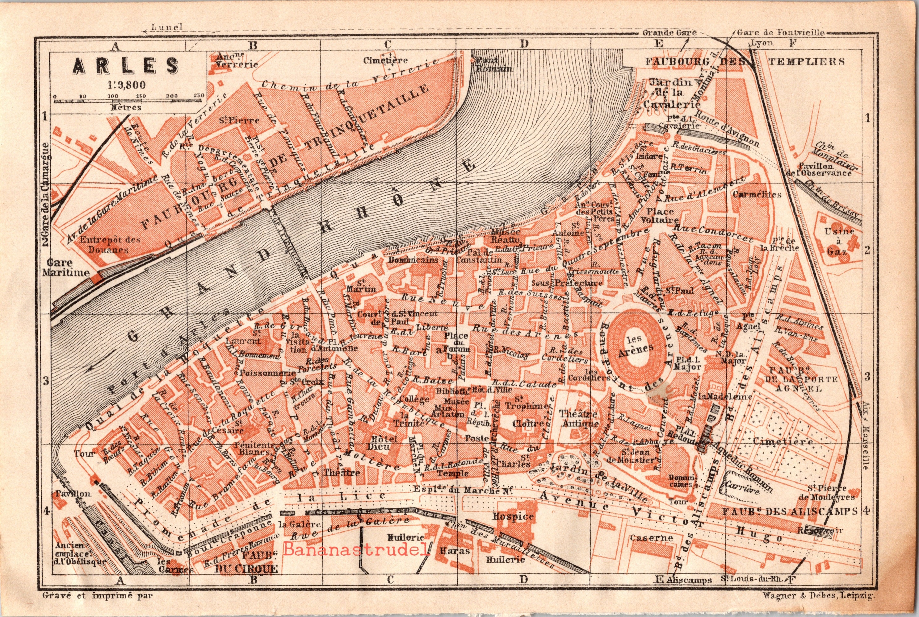 フランス、アルルのアンティーク地図 - 1907 年の小さな市街地図