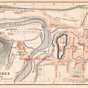 Antike Karte von Lourdes, Frankreich - Kleiner Stadtplan von 1907