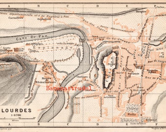 Antique Map of Lourdes, France - Small 1907 City Map