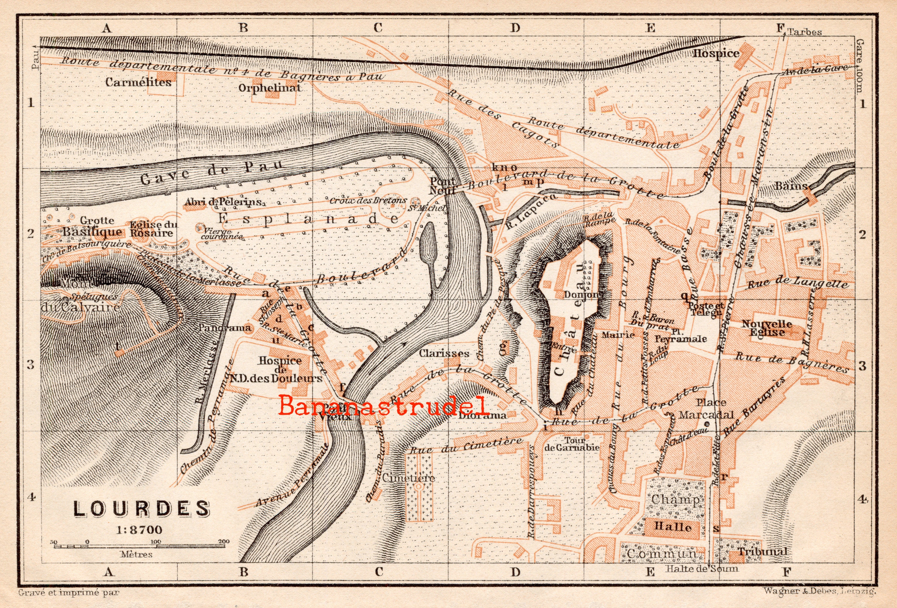 フランス、ルルドのアンティーク地図 - 1907 年の小さな市街地図