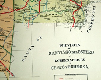 Rzadka, limitowana edycja mapy Santiago del Estero, Chaco i Formosy w Argentynie z 1938 r. w formacie plakatu