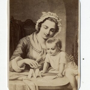 1860s 1870s Antique CDV Photograph. Mother and Child with a House of Cards image 2