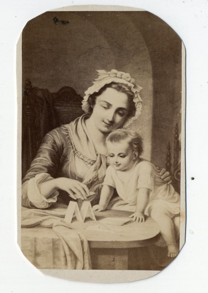 1860s 1870s Antique CDV Photograph. Mother and Child with a House of Cards image 2