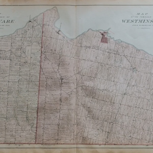 Grande carte vintage rare de 1878 des cantons du Delaware et de Westminster - comté de Middlesex - Ontario, Canada - coloriée à la main - LDN