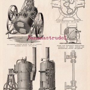 May include: A black and white illustration of a two-wheeled portable engine, a vertical engine and boiler, and a straw-burning engine with apparatus. The illustration includes text describing the different components and their manufacturers.  The text reads: "EXHIBITS AT THE READING SHOW. TWO-WHEELED PORTABLE ENGINE, BY MR. E. S. HINDLEY, ENGINEER, BOURTON. (See page 27). ENGINE WITH ELSWORTHY'S STRAW-BURNING APPARATUS, BY MESSRS. CLAYTON AND SHUTTLEWORTH, LINCOLN. (See page 26). VERTICAL ENGINE AND BOILER, BY MESSRS. C.C. HEAN AND CO., BIRKENHEAD. (See p. 27). ELLIS'S WATER GAUGE FITTINGS (See p. 27)."