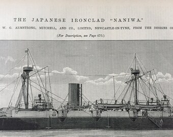 Antique Print of a Japanese Ironclad Warship - Naniwa - May 14, 1886 - Victorian-era Engineering