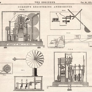 May include: A black and white illustration of Gordon's Registering Anemometer, a device used to measure wind speed. The illustration shows various components of the anemometer, including a fan, gears, and a dial. The text "Diameter of Dial = 8 inches" is included in the illustration.