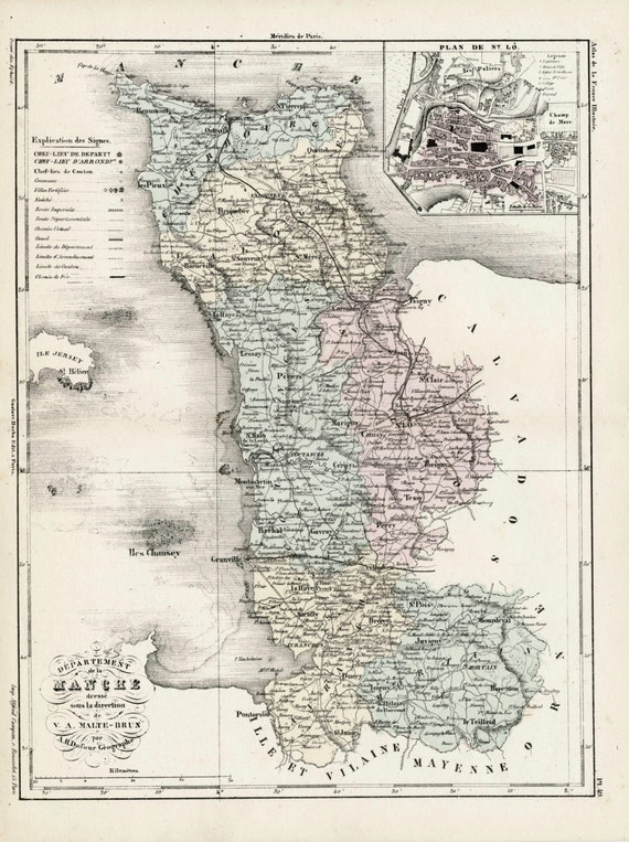 1800s Antique Map of Manche, France - Inset of Saint-lô - French