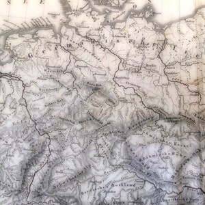 Carte vintage 1851 des rivières et des montagnes de l'Europe centrale - Carte ancienne - Ancienne carte de l'Europe - Carte en noir et blanc