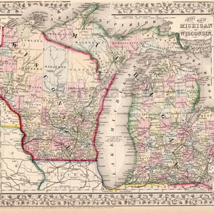 Carte ancienne du Michigan et du Wisconsin de 1867 - Carte Mitchell coloriée à la main