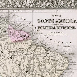 Magnifique carte Mitchell antique de 1864 de l'Amérique du Sud coloriée à la main, montrant ses divisions politiques