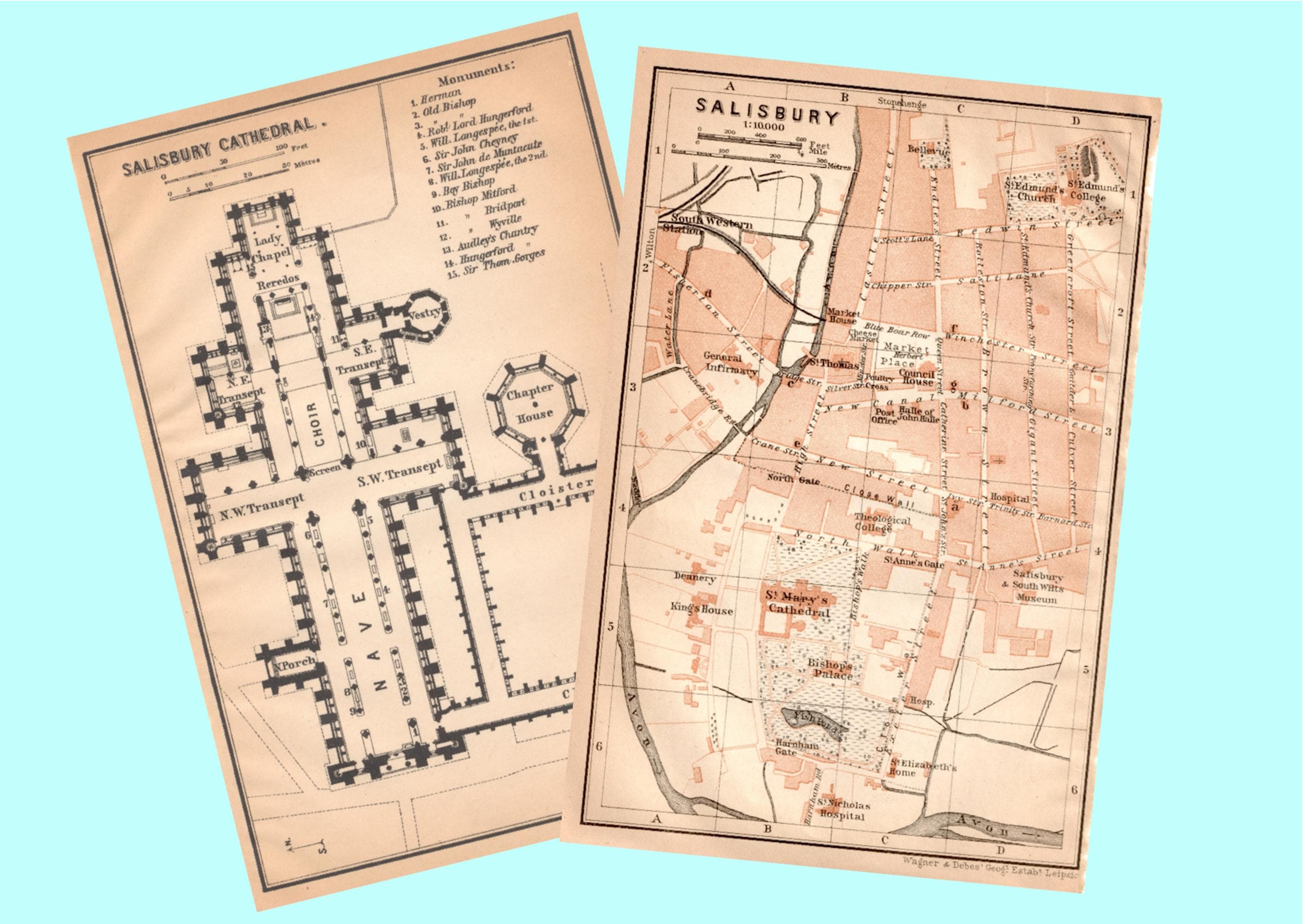 1906年製、英国ソールズベリーのアンティーク市街地図とソールズベリー