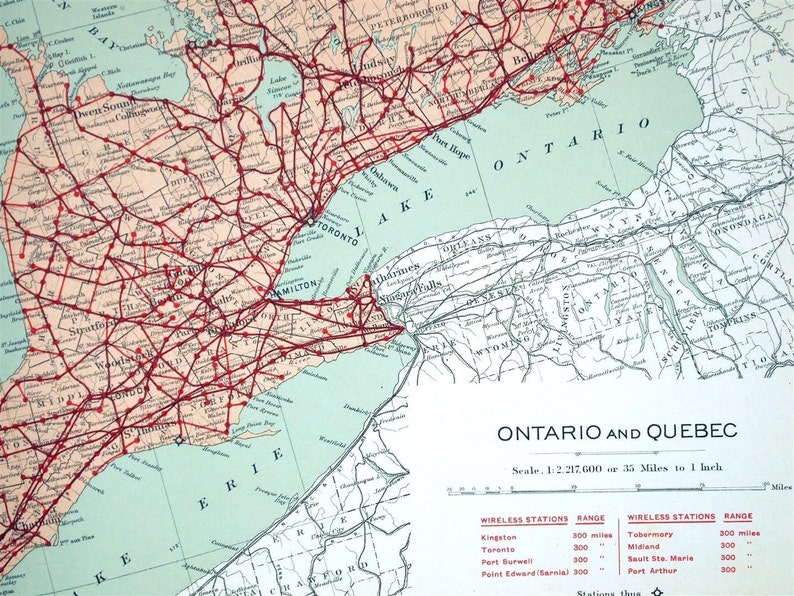 1915 Antique Map of Ontario and Quebec Ontario Quebec Antique Map Antique Ontario Quebec Map Telegraphs Large