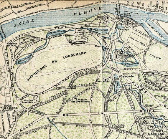 1929 年フランス、パリのブローニュの森のアンティーク地図