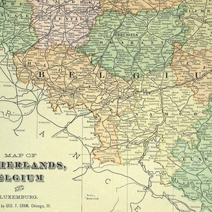 Grande carte vintage de 1901 des Pays-Bas, de la Belgique et du Luxembourg