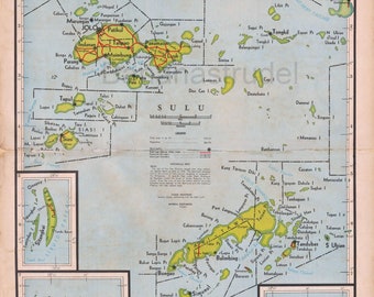 Sulu, Philippines - RARE Large Vintage 1959 Map - Jolo - Sibutu - Tawi-tawi - Cagayan Sulu