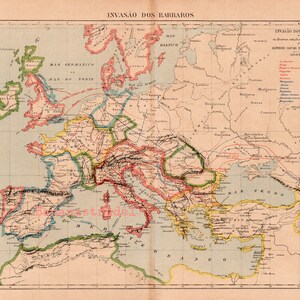 May include: A vintage map showing the invasion of the Barbarians into the Roman Empire. The map is in shades of blue, green, yellow, red, and brown. The map includes the text "INVASÃO DOS BARBAROS" and "ALFREDO OSCAR DE ALMEIDA MAY".
