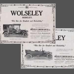 Vintage Ads for Wolseley Automobiles - Set of Two Rare 1930s Adverts - British Advertisement - Pre-World War II