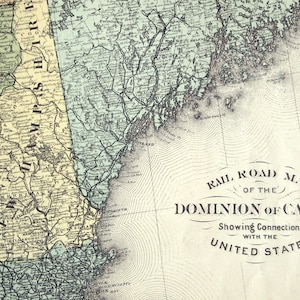 Ancienne carte des chemins de fer du Dominion of Canada de 1880 - Rare grande carte coloriée à la main