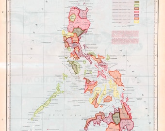 May include: A vintage population map of the Philippines, showing the different islands and provinces with color-coded population densities. The map is dated 1899 and includes the text "Population Map of the Philippines" and "Luzon Strait".