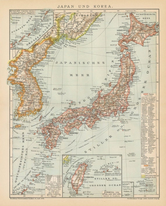 1894 Antique German Map of Japan and Korea. With Inset of Formosa