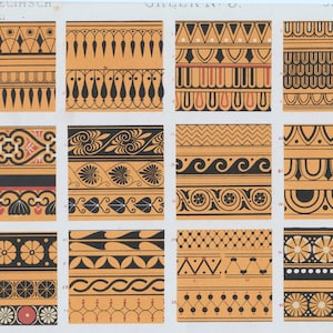 May include: A vintage illustration of 19 different Greek key patterns. The patterns are black and white on a yellow background. The patterns are labelled with numbers 1-19.