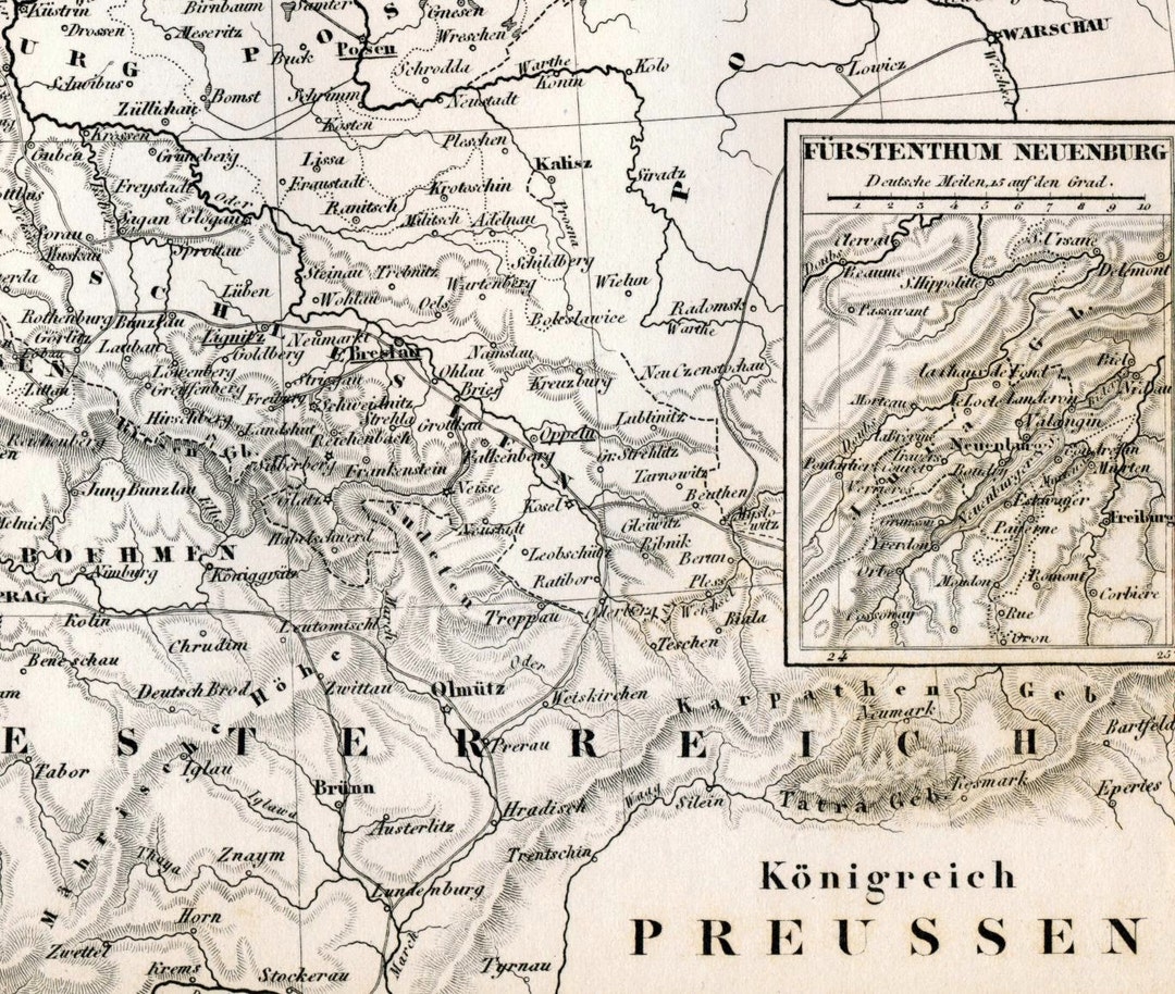 Antique Map of the Kingdom of Prussia Black and White 1851 German