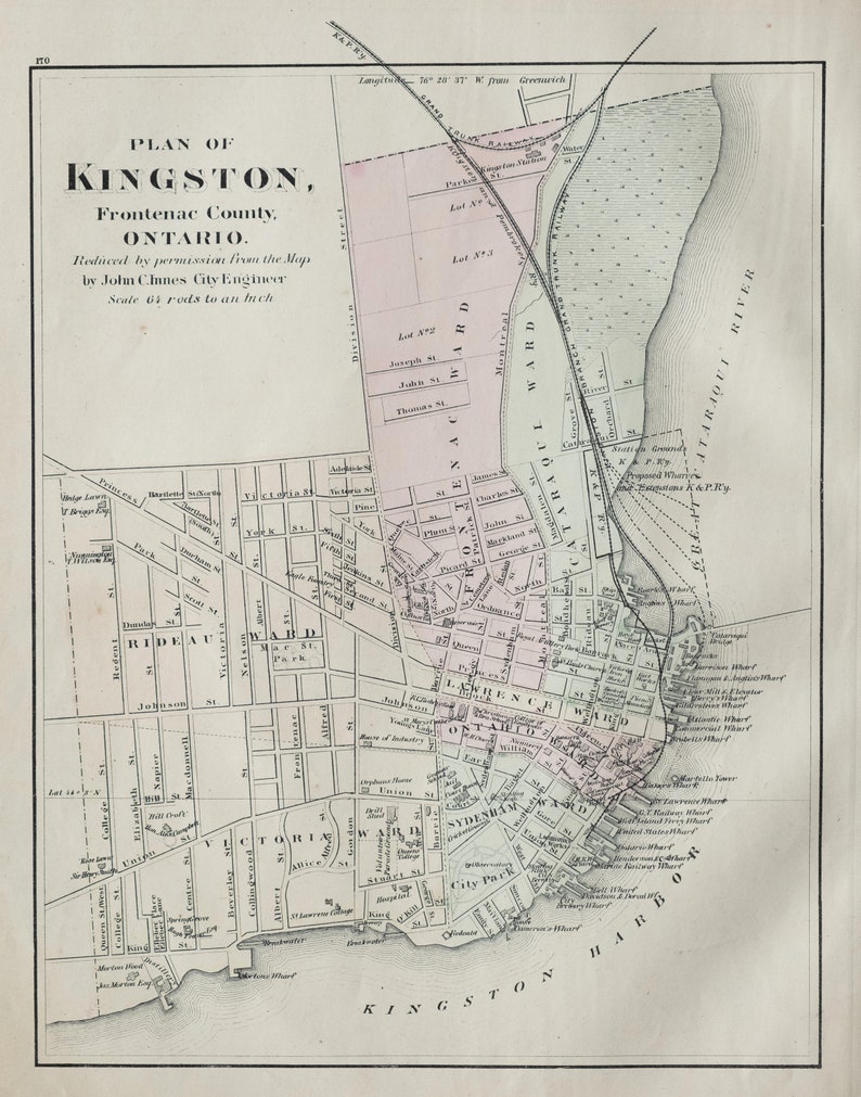 Canada Vintage Hand Coloured Kingston Street Map 1875 Rare Antique Map of Kingston Ontario LDN