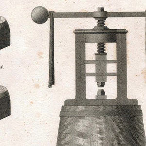 May include: A vintage engraving of a metal press with a hand crank and two round knobs. The press is used to create a design on a small block, shown in two separate images labeled "Fig. A."