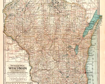 1911 Century Atlas Vintage Map of Wisconsin - Antique Wisconsin Map