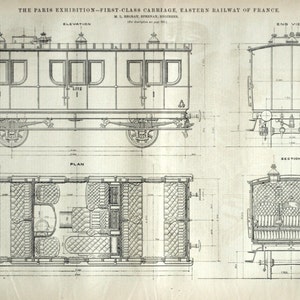 1878 Large English Antique Engraving of a First-Class Carriage, Eastern Railway of France