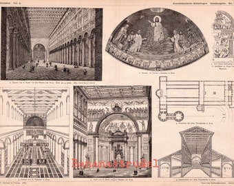 Antique Print of Medieval Church Architecture - From 1886 - St. Paul Outside the Walls - St. Apollinaris in Classe - St. Peter's - Plate 37