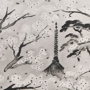 May include: Black and white ink painting of a Japanese pagoda with cherry blossoms in the background.