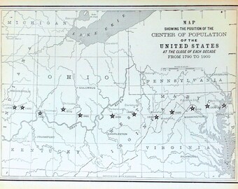 1901 Antique Black and White Population Map of the United States from 1790 to 1900