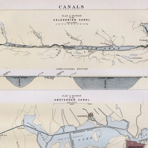 Gravure ancienne de 1876 canaux - Canal calédonien - Canal de Suez - Canal d&#39;Amsterdam