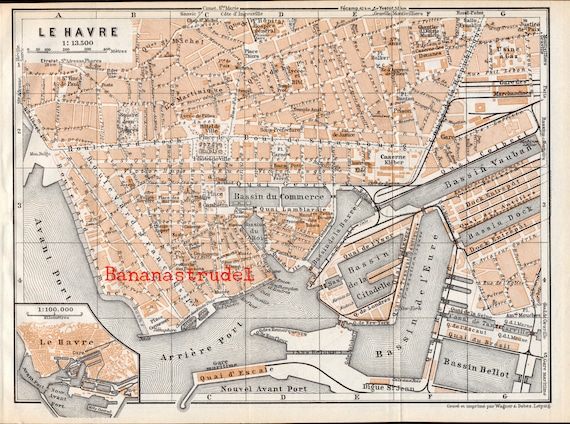 フランス、ル・アーヴルのアンティーク地図 - 1937 年のヴィンテージ