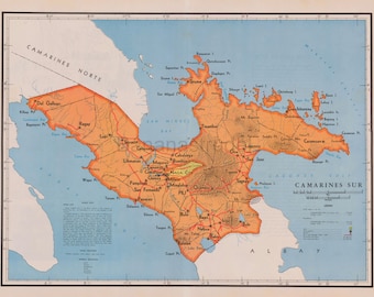 Camarines Sur, Philippines - RARE Large Vintage 1959 Map - Naga City - Pili - Tinambac - Caramoan - Garchitorena - Mt. Isarog