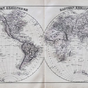 May include: A vintage world map divided into two hemispheres, Western and Eastern. The map is printed in black ink on a white background and features a grid system with lines of latitude and longitude. The map includes the names of continents, oceans, and major cities.