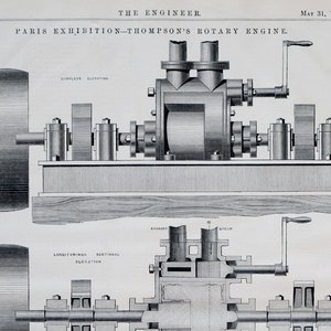 May include: A black and white illustration of a rotary engine. The illustration shows a side view of the engine, with the crankshaft and connecting rods visible. The engine is labeled "Thompson's Rotary Engine".