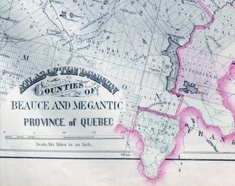 1875 Antique Map of Beauce and Megantic Counties, Quebec, Canada - Rare hand coloured map - LDN