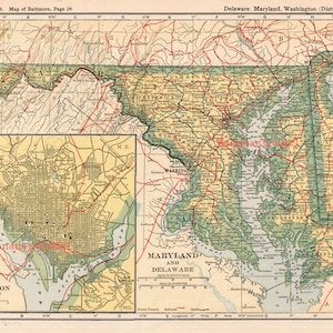 Antike Karte von Maryland und Delaware - Nebenfläche von Washington DC - Publiziert 1921