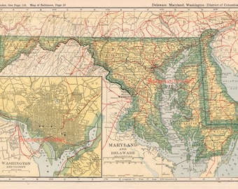 Antique Map of Maryland and Delaware - Inset of Washington DC - Published 1921